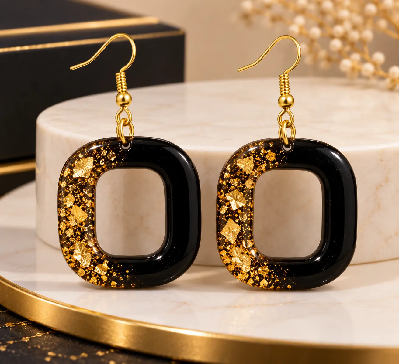 Handmade Black & Gold Glitter Resin Earrings for Women – Geometric Drop Earrings - Image 3