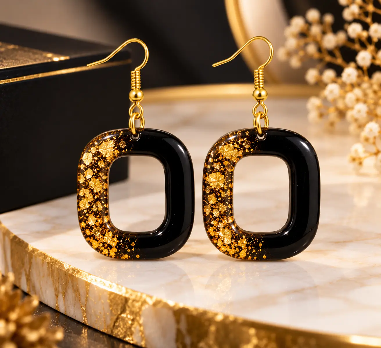 Handmade Black & Gold Glitter Resin Earrings for Women – Geometric Drop Earrings - Image 4