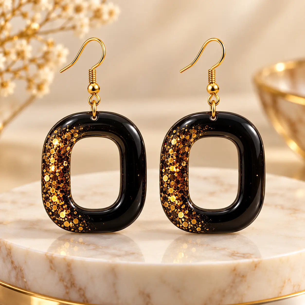 Handmade black and gold glitter resin geometric drop earrings for women by Mehreen & Miral.