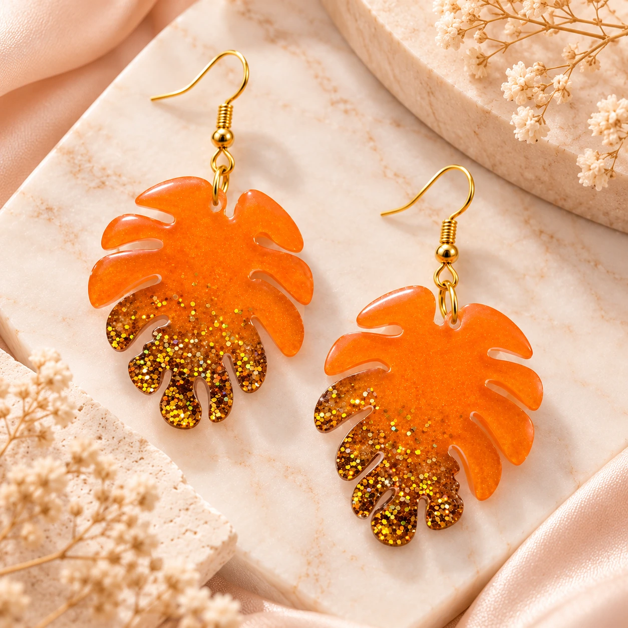 Handmade Orange Monstera Leaf Resin Earrings for Women – Gold Glitter Drop Earrings - Image 2