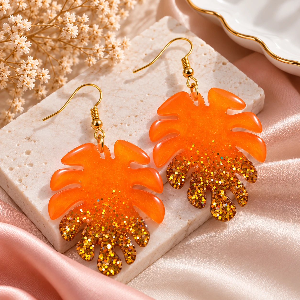 Handmade Orange Monstera Leaf Resin Earrings for Women – Gold Glitter Drop Earrings - Image 3