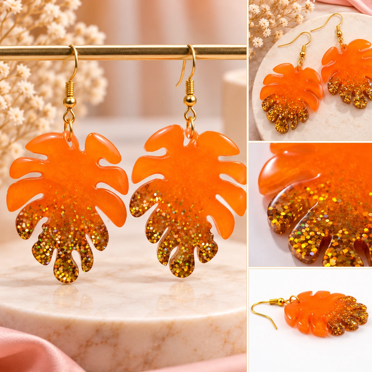 Handmade Orange Monstera Leaf Resin Earrings for Women – Gold Glitter Drop Earrings - Image 4