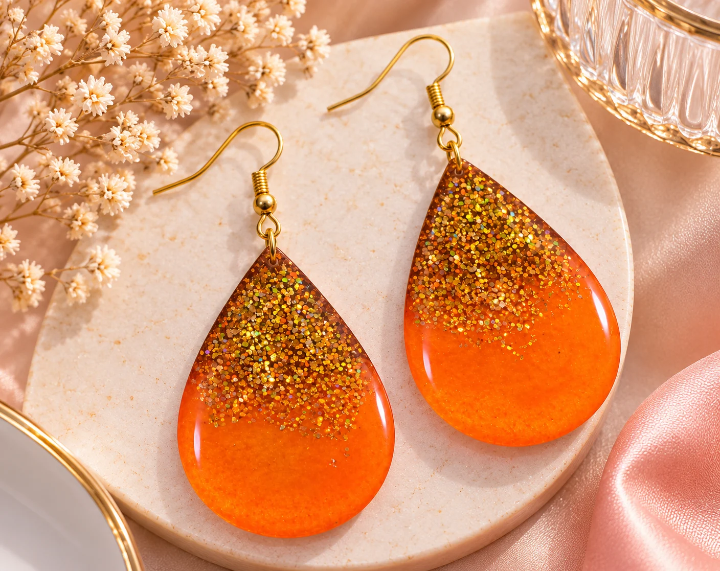 Handmade Orange & Gold Glitter Teardrop Resin Earrings for Women – Mehreen & Miral - Image 3
