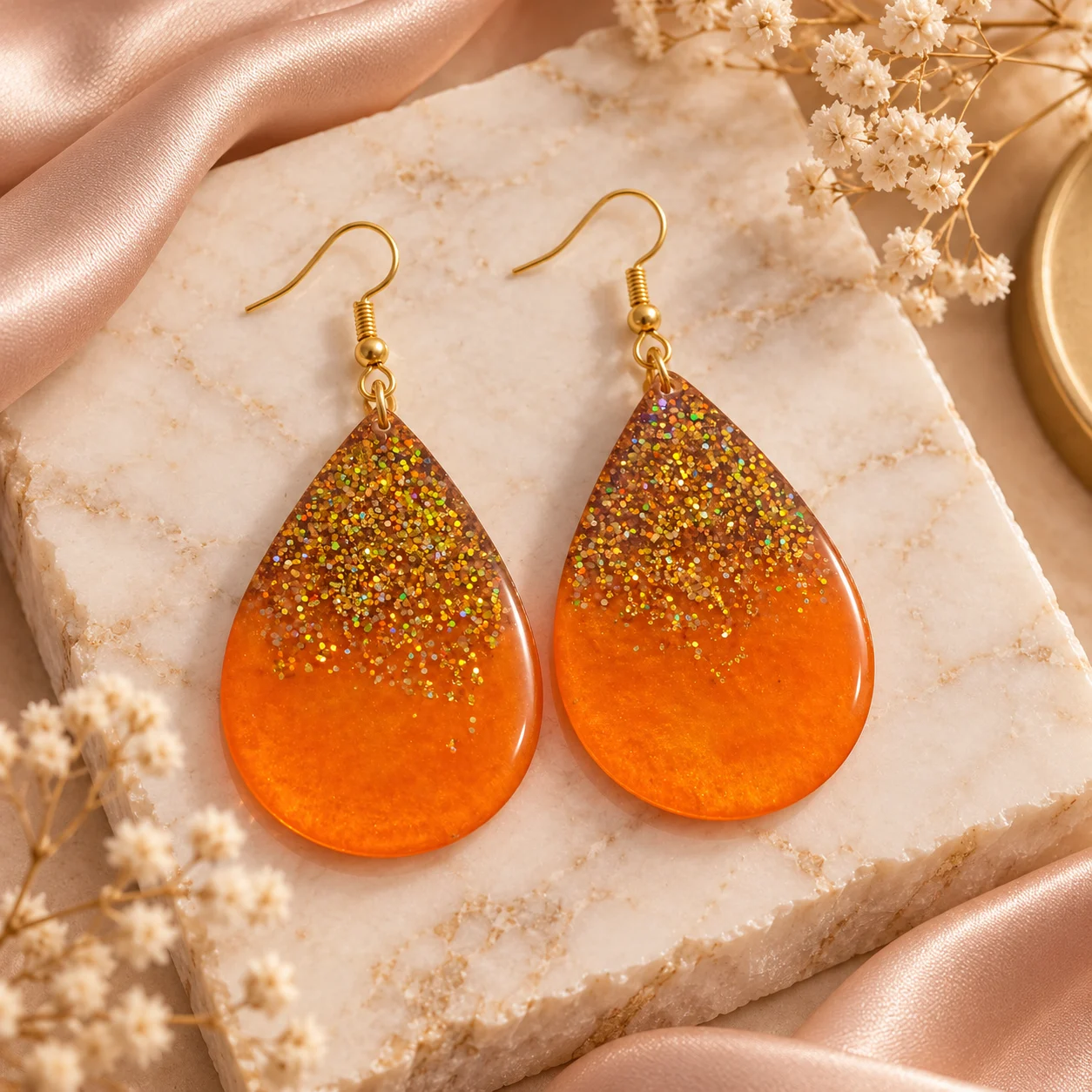 Handmade Orange & Gold Glitter Teardrop Resin Earrings for Women – Mehreen & Miral - Image 4