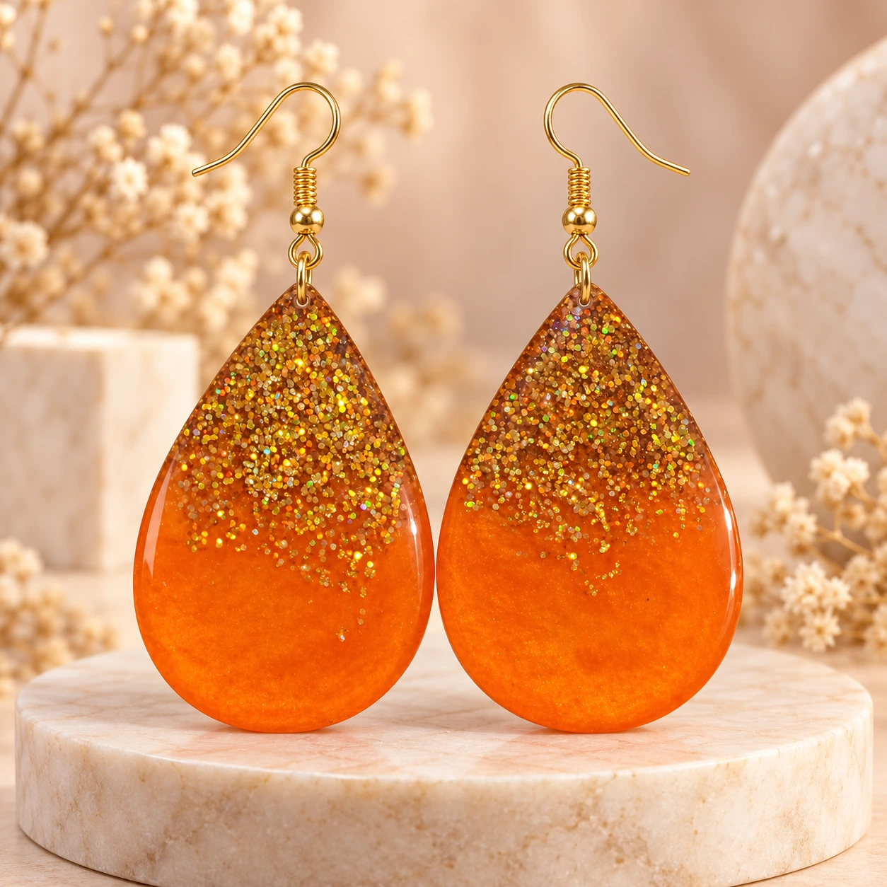 Handmade Orange & Gold Glitter Teardrop Resin Earrings for Women – Mehreen & Miral