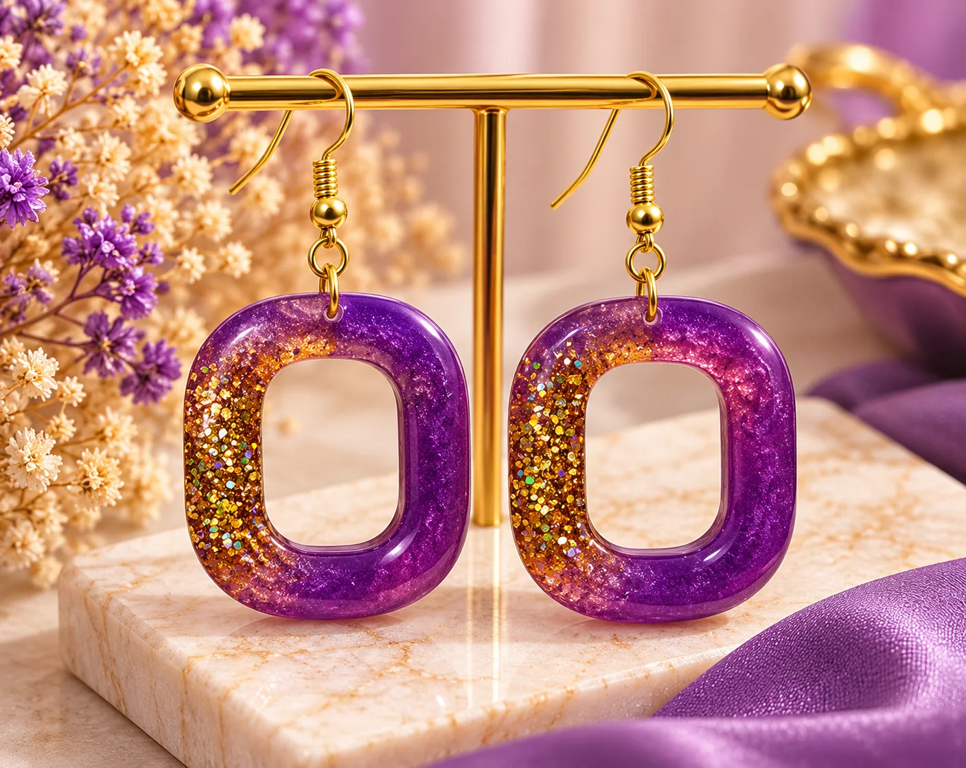 Handmade Purple & Gold Glitter Resin Earrings for Women – Geometric Drop Earrings - Image 2