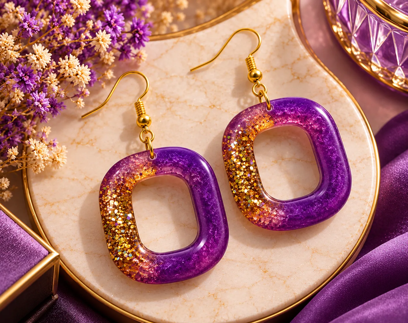 Handmade Purple & Gold Glitter Resin Earrings for Women – Geometric Drop Earrings - Image 3