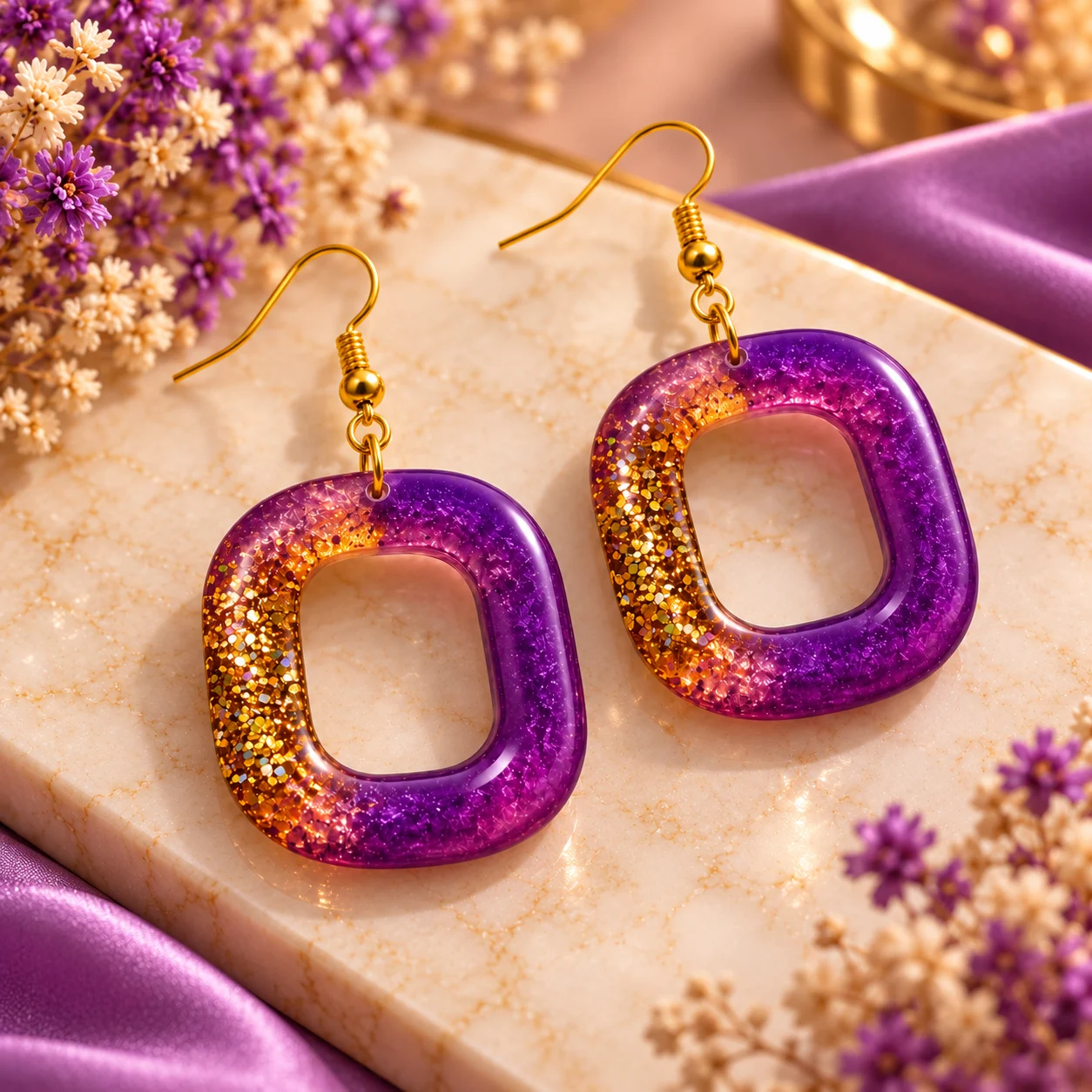 Handmade Purple & Gold Glitter Resin Earrings for Women – Geometric Drop Earrings - Image 4
