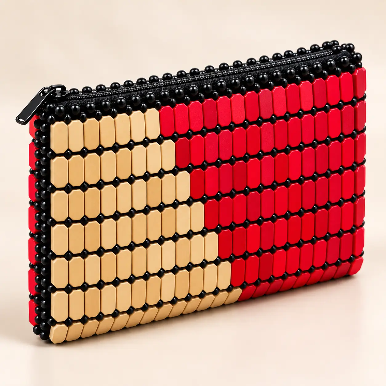 Handmade Wooden Beaded Clutch Bag for Women – Red & Beige Zipper Purse | Beadelle - Image 2