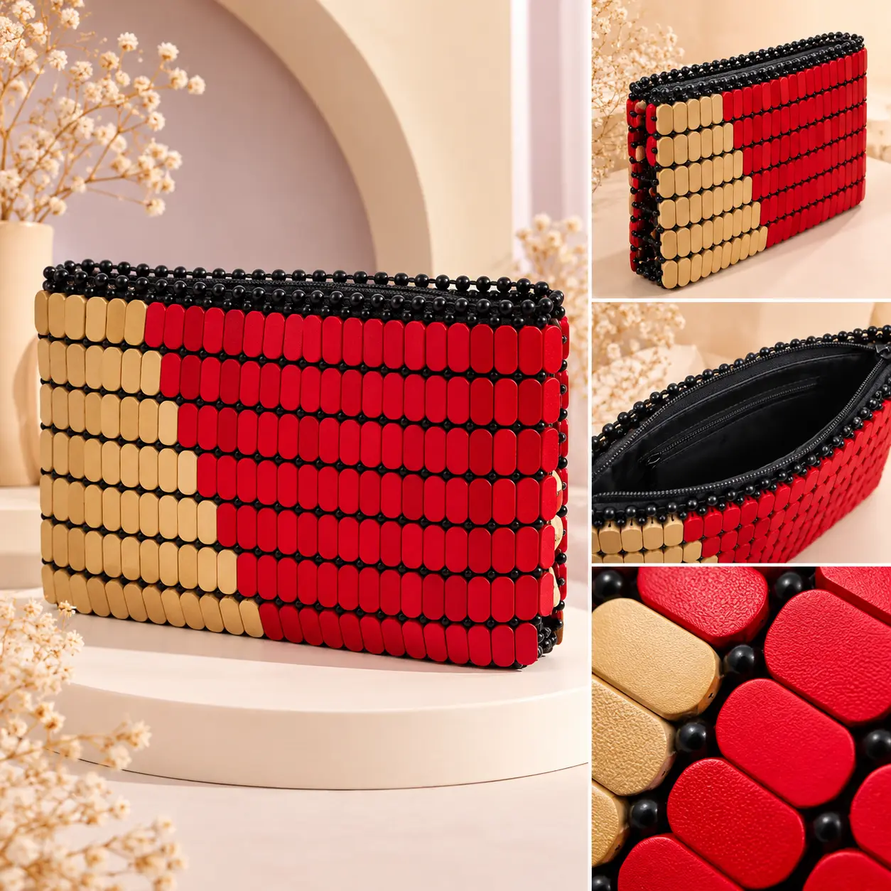 Handmade Wooden Beaded Clutch Bag for Women – Red & Beige Zipper Purse | Beadelle - Image 3
