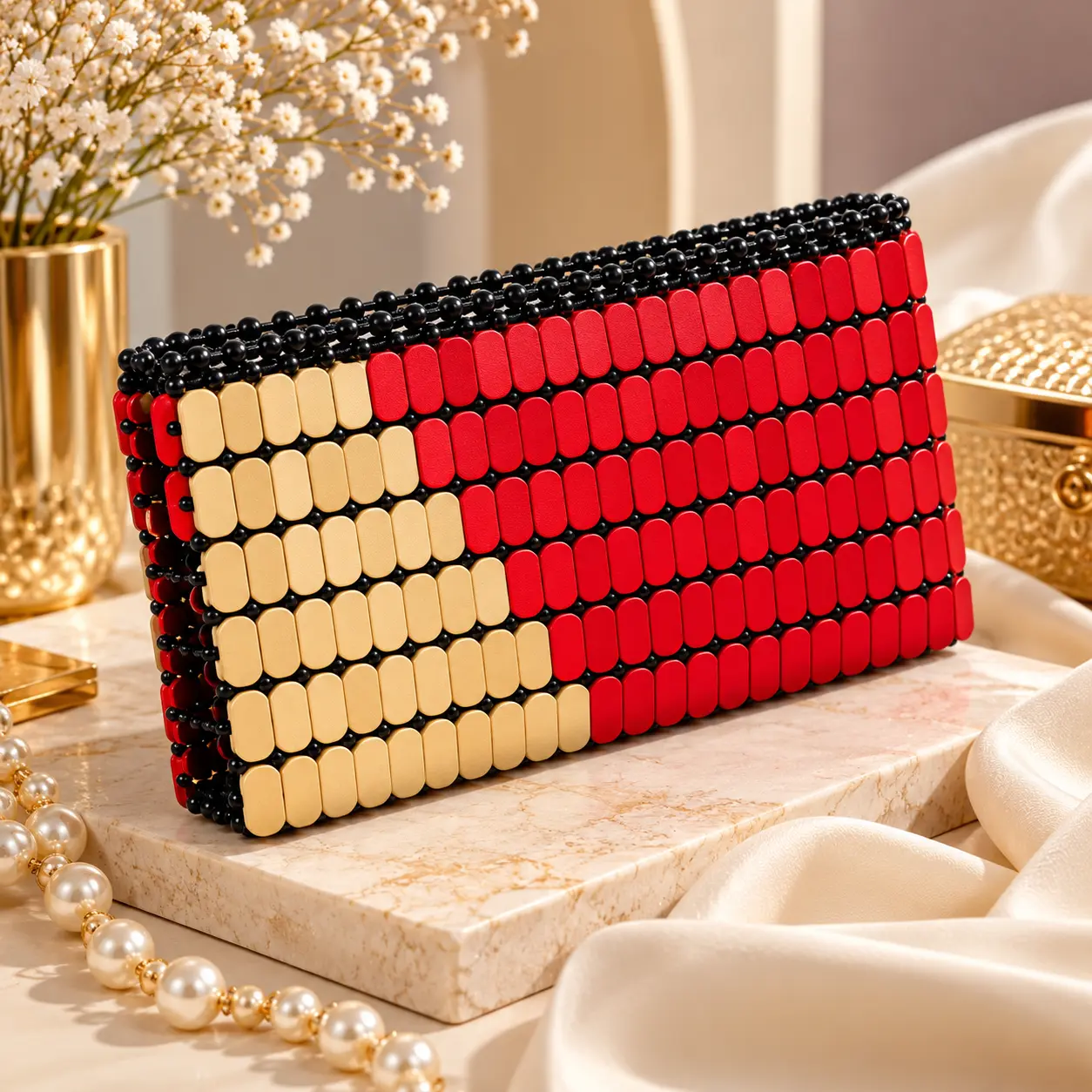 Beadelle handmade red and beige beaded clutch bag for women with black bead detailing and zipper closure.