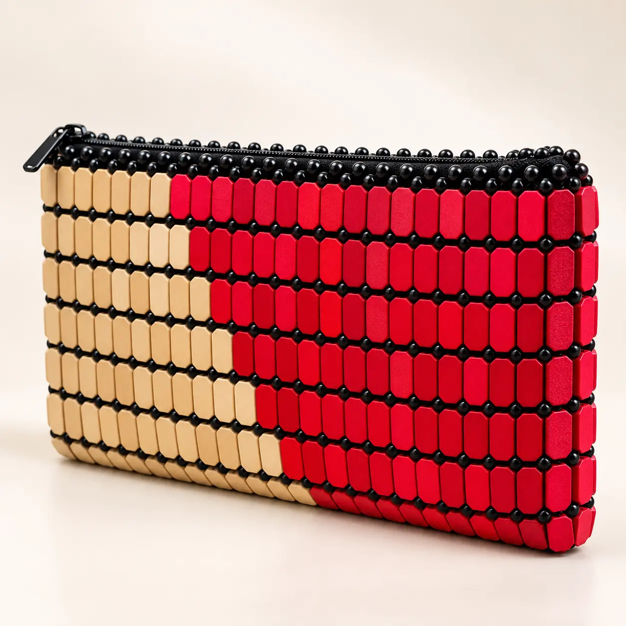 Handmade Wooden Beaded Clutch Bag for Women – Red & Beige Zipper Purse | Beadelle - Image 4